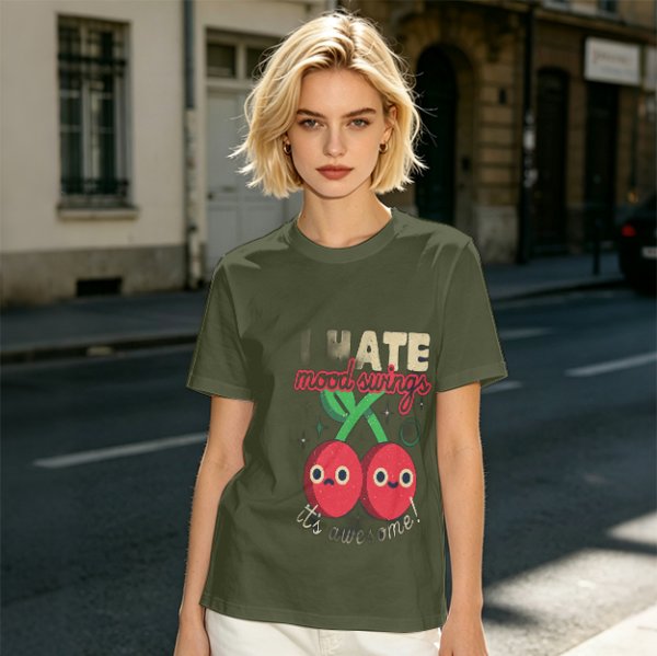 Olive Graphic T-Shirt With I HATE mood swings Cherry Print