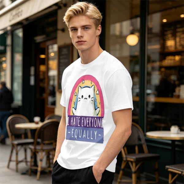 Olive graphic t-shirt with a white cat and 'I hate everyone equally' print