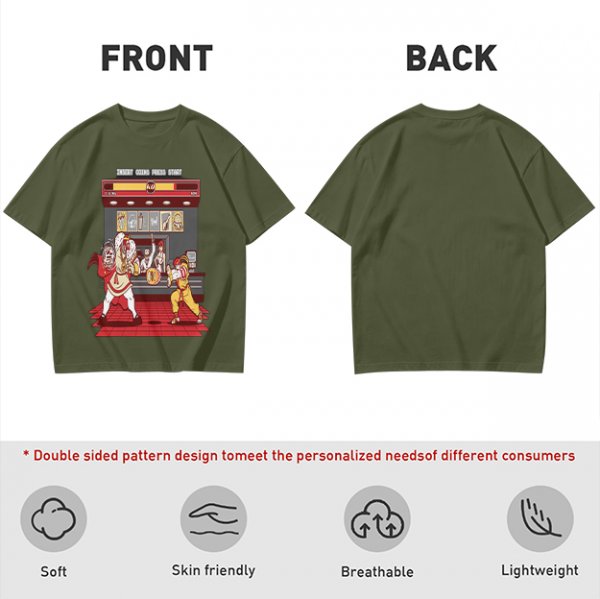 Olive T-shirt with Fast Food Themed Street Fighter Style Fight Artwork