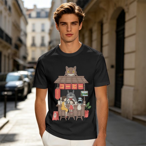 Studio Ghibli inspired coffee stand t-shirt with Totoro and friends