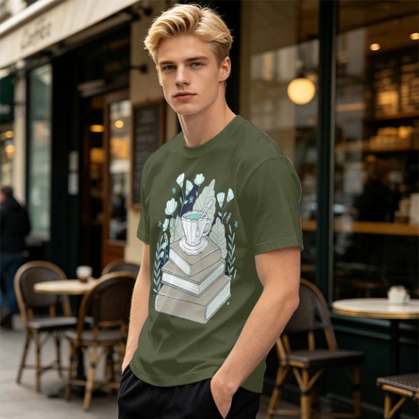 Olive T-Shirt With Stacked Books Teacup Floral Print