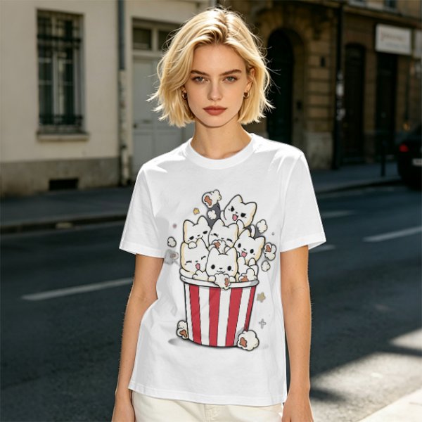 Olive T-Shirt With Cute Kitten Popcorn Bucket Graphic
