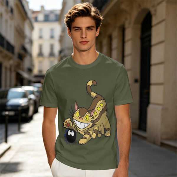 Olive T-shirt with Catbus and Soot Sprite Anime Print