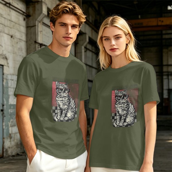 Olive T-Shirt with Cool Sunglass Wearing Tabby Cat Graphic