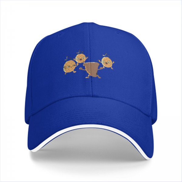 Black baseball cap with dancing pineapple and coffee cup characters
