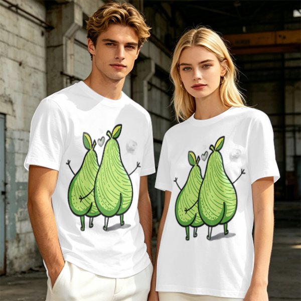Olive Green T-Shirt With Two Cartoon Pears In Love Graphic