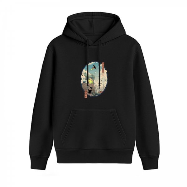 Black hoodie with witch and black cat town scene graphic