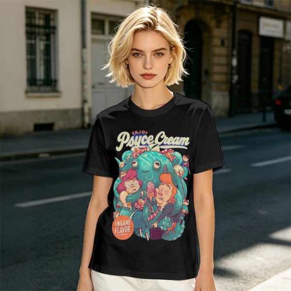 Psyce Cream Insane Flavor Graphic Tee with Whimsical Monster and Characters