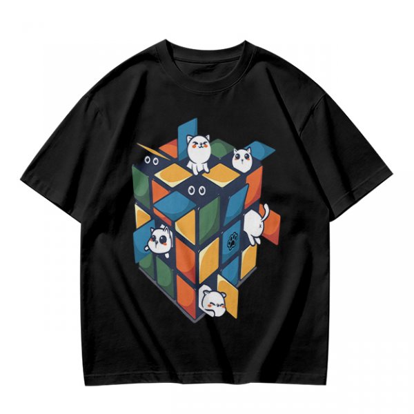 Olive T-Shirt With Cute Cats On A Rubik's Cube Graphic