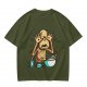 Olive T-shirt with a startled alien washing hands graphic