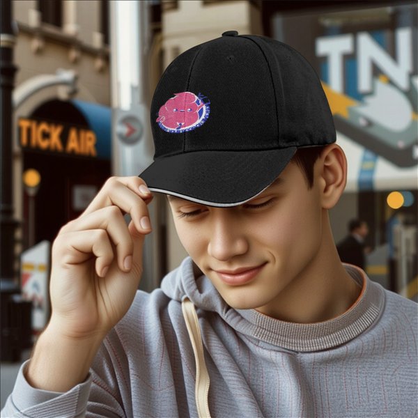 Black baseball cap with cartoon poop graphic and text print