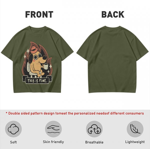 Olive T-Shirt Featuring the 'This Is Fine' Dog in Flames Holding Coffee