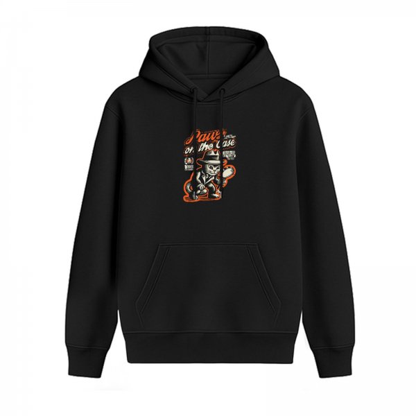Black Hoodie with Detective Cat 'Paws on the Case' Graphic