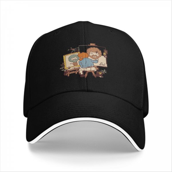 Black Baseball Cap With Bob Ross Painting Cartoon Art Print