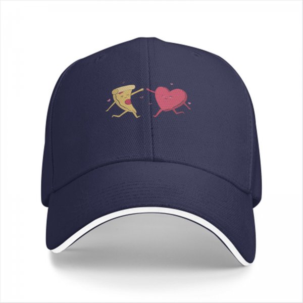 Black baseball cap with dancing pizza slice and pink heart design