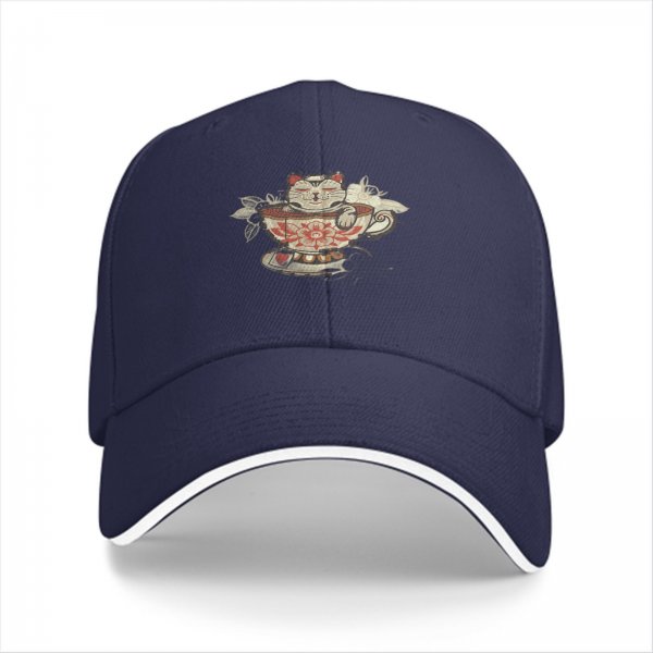Black Baseball Cap With Maneki-neko In Teacup Graphic