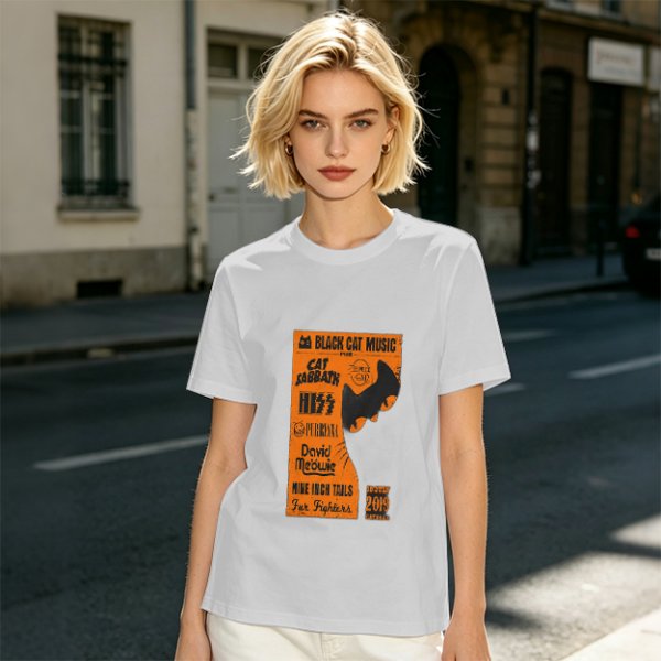 Olive T-Shirt with Cat-Themed Rock Band Concert Poster Print