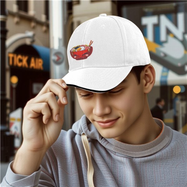 Black Baseball Cap With Cute Angry Ramen Bowl Graphic