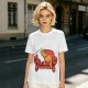 Olive green t-shirt with a sleeping orange cat on a red armchair print