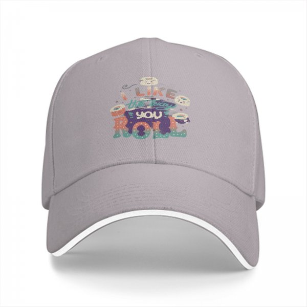 Black baseball cap with sushi graphic and 'I Like The Way You Roll' text