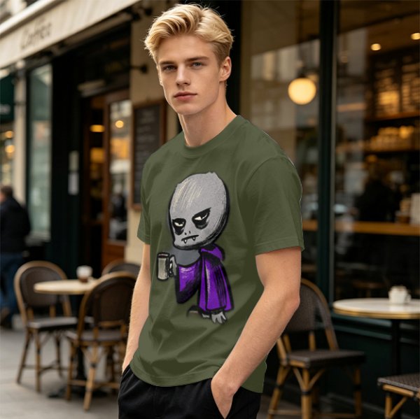 Olive T-Shirt With Grumpy Vampire Holding Coffee Mug Print