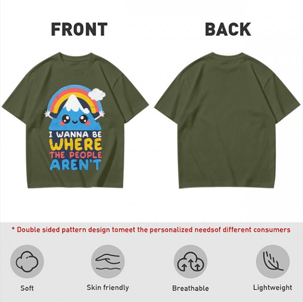 Olive graphic tee with cute mountain rainbow and 'I Wanna Be Where The People Aren't' text