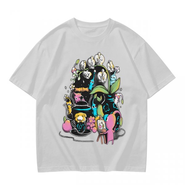Olive T-Shirt With Whimsical Pikmin Themed Tea Party Art