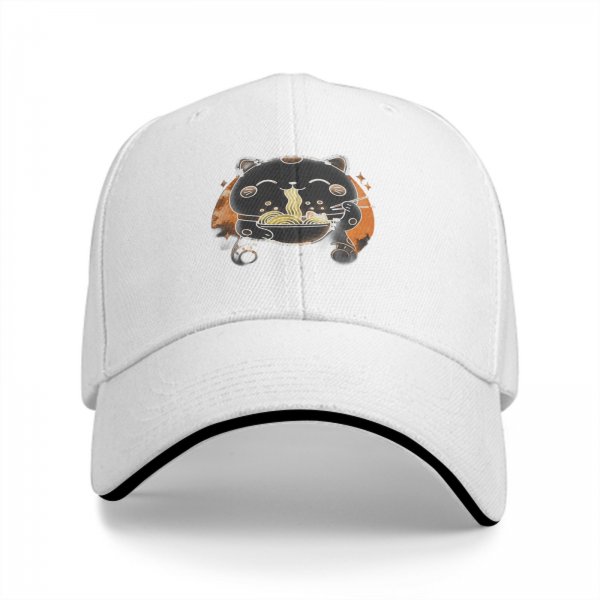 Black Baseball Cap With Cute Maneki-neko Cat Eating Ramen Design