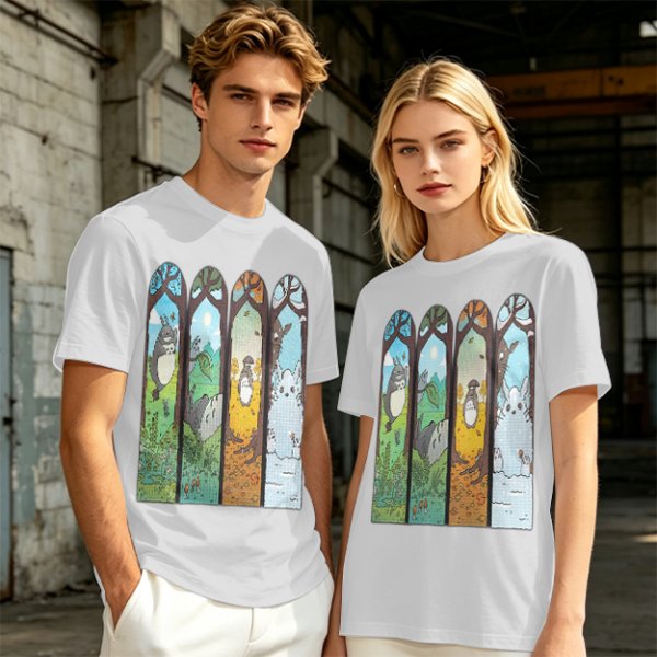 Olive T-Shirt With Stained Glass Style Four Seasons Forest Creature Art