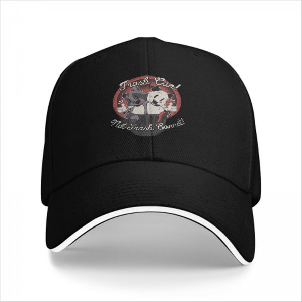 Black baseball cap with retro raccoon and cat trash can graphic