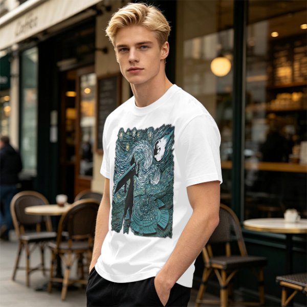 Olive T-shirt with Starry Night Style Fantasy Warrior Print