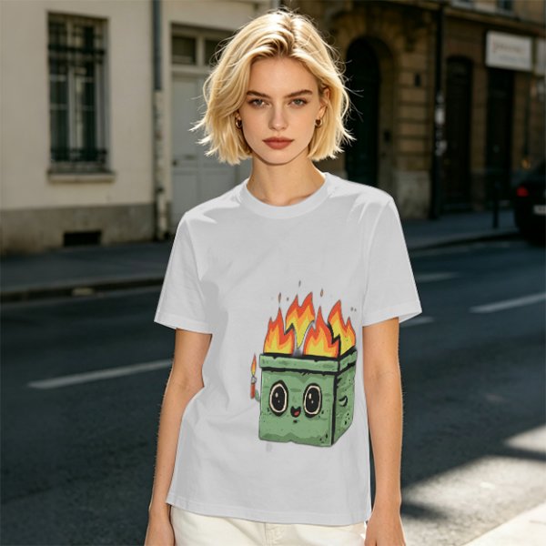 Olive green t-shirt with a cartoon burning box graphic