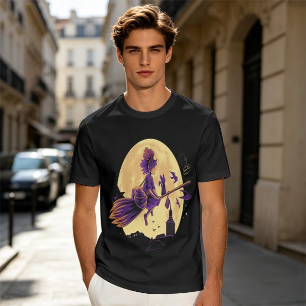Olive t-shirt with witch flying on broom against full moon