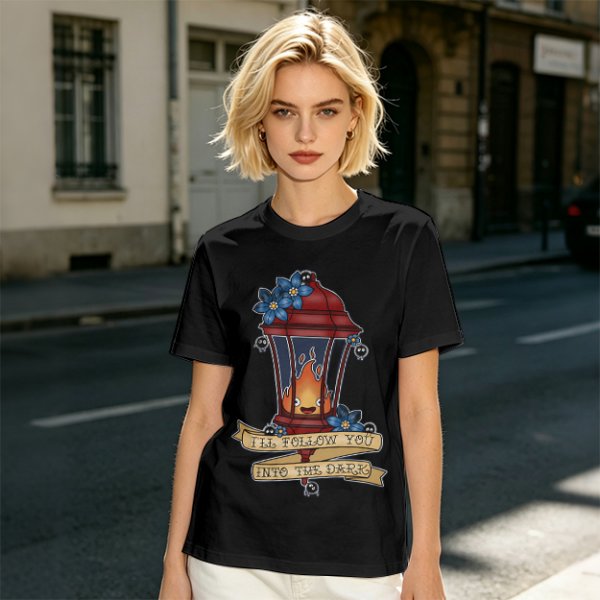 Olive t-shirt with lantern flame graphic and 'I'll follow you into the dark' text