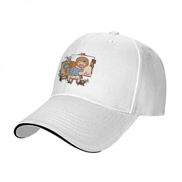 Black Baseball Cap With Bob Ross Painting Cartoon Art Print