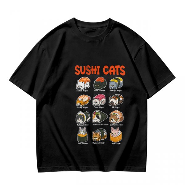 Olive T-Shirt With Sushi Cats Graphic Print