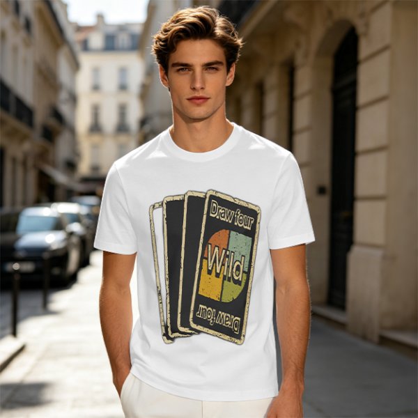 Olive T-Shirt with Retro Uno Wild Draw Four Card Graphic