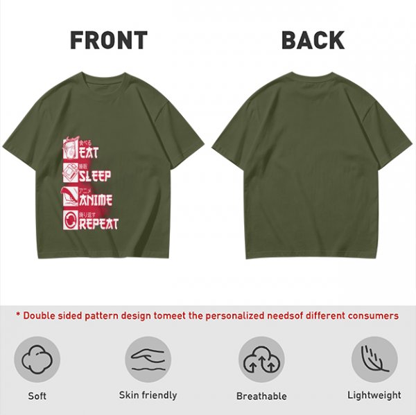 Oversized Olive Anime Themed T-Shirt With Eat Sleep Anime Repeat Print