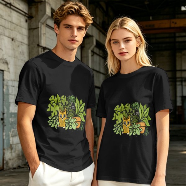 Olive T-Shirt With Playful Cat And House Plants Graphic