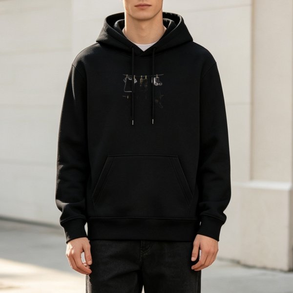 Black Hoodie With Clothesline Graphic Print Design