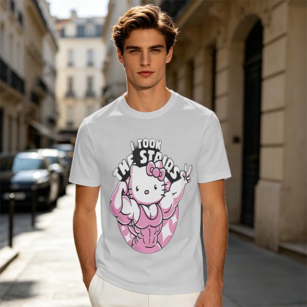 Olive t-shirt with muscular Hello Kitty graphic and 'I Took The Stairs' text