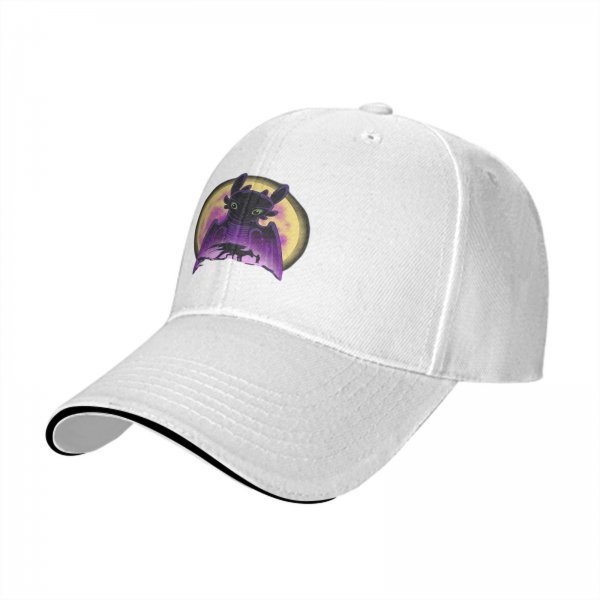 Black baseball cap featuring Toothless dragon and moon graphic