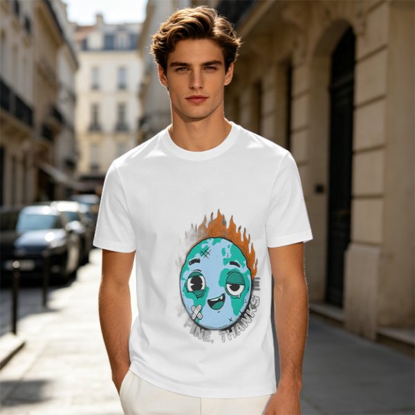Olive T-shirt with Worn Burning Earth Graphic and 'Fine Thanks' Text