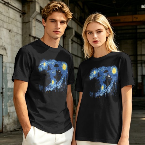 Olive T-Shirt with Starry Night Style Cat Graphic Print