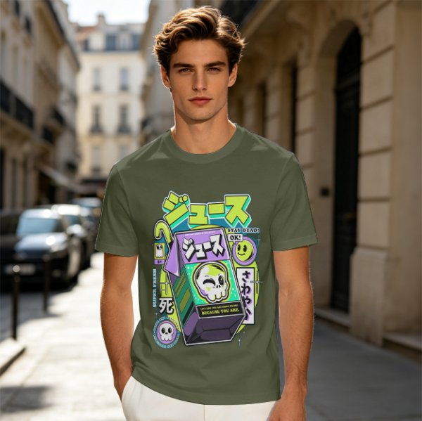 Olive T-shirt with spooky juice box graphic and playful skull art