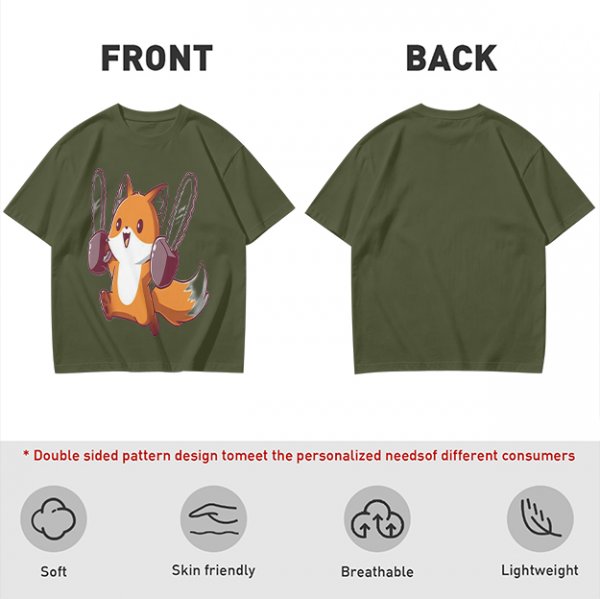 Olive T-shirt with a cute chainsaw squirrel graphic