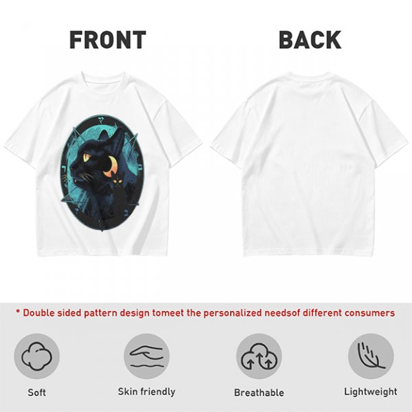 Olive T-Shirt With Black Cat And Crescent Moon Graphic