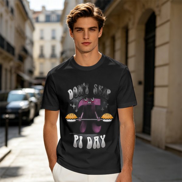 Don't Skip Pi Day T-Shirt with Lifting Pi Character Holding Pies