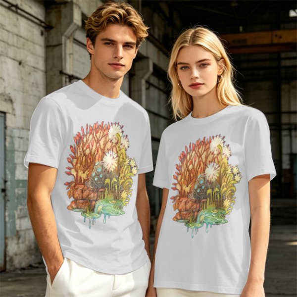 Olive Green T-Shirt with Whimsical Nature Floral and Rock Art Print