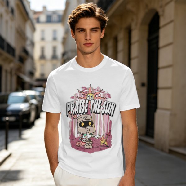 Olive t-shirt with cartoon knight 'Praise the Sun' graphic